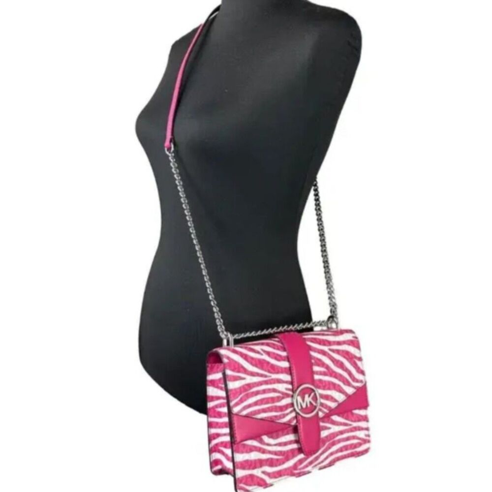 Michael Kors Greenwich Small Flap Shoulder Crossbody Bright Pink White Handbag - Picture 2 of 9